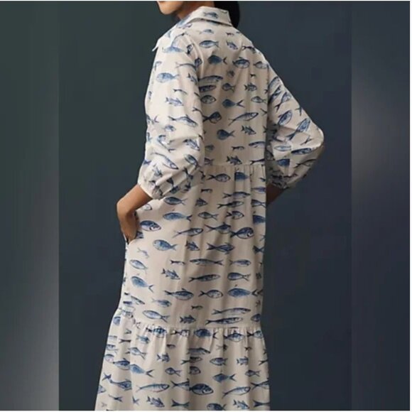 Anthropologie Maeve Bettina Shirt Dress Cotton Fish print midi size 1X. - Picture 2 of 6